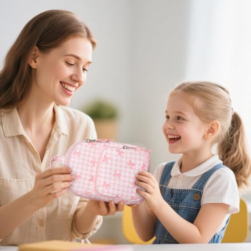 Image of LEDAOU Pencil Case Cute Zipper Pencil Pouch Large Capacity Pencil Bag Organizer School Supplies for Girls Boys Kids (Pink Checkered Bow)