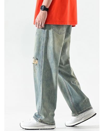 Baggy Wide-Leg Jeans for Men Ripped Straight Casual Loose Fit Distressed Plus Size Denim Pants with Pockets4