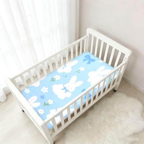 Parure de lit bébé en coton doux stretch imprimé lapin blanc lit mixte