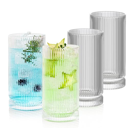 POLIDREAM 16oz Ribbed Glassware, Vintage Drinking Glasses Set of 4, Cocktail Glass Cups, Elegant Tom...