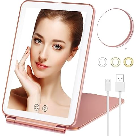 fcfeue Foldable LED Makeup Mirror, Portable Travel Rechargeable Lighted Mirror, 3 Color Makeup Mirror 72 LED, Dimmable Touch, with 10X Magnification Mirror, Essential Mirror for Travel（Rose Gold） Cover