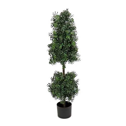 National Tree Company 4 ft Artificial Boxwood Cone and Ball Topiary Tree, Realistic Fake Tree Potted Plant, Black Nursery Pot