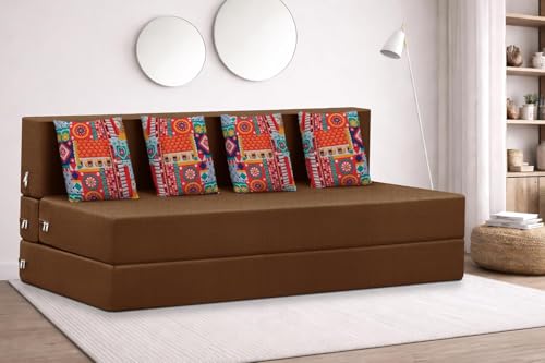 Image of Rosebell Four Seater Foldable Sofa Cum Bed (6x6 Feet) Jute Fabric, Washable Removable Cover, | Space Saving Convertible Sofa Bed for Home, Office & Guests - Brown