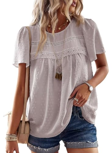 Image of Falechay Womens Summer Tops Crewneck Short Sleeve Shirts Casual Chiffon Blouses Flowy Lace Hem Boho Clothing Trendy 2026