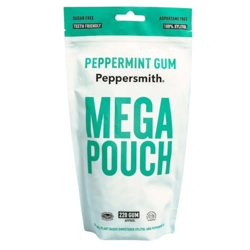 Peppermint Chewing Gum - Sugar Free 100% Plant Based Xylitol - Fresh Breath - Benefits Oral Health Reduce Plaque Kills Bacteria - Aspartame Free - Mega Pouch 220 Gum Pieces - By Peppersmith