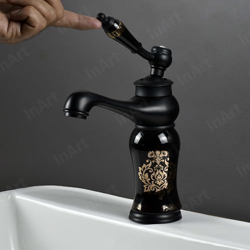Image of InArt Black Glossy Finish Basin Pillar Cock Tap Faucet for Wash Basin, Hot & Cold Water Mixer, Single Handle, Waterfall Design, Table Mount /Deck Mount (Black) Zinc