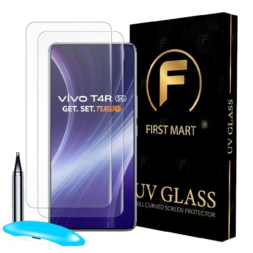 Image of FIRST MART Military Grade UV Tempered Glass For Vivo T4R and IQOO Z10R 5G (6.77 Inch) With Edge To Edge Full Screen Coverage & Easy UV Installation Kit | Crystal Clear, Pack of 2