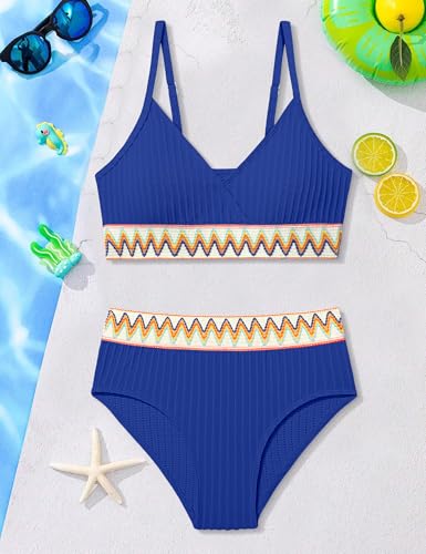 Image of DONWEN Girls Swimsuits V Neck Bikini Set Textured High Waist Girl Two Piece Bathing Suit