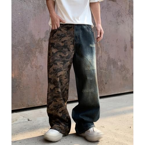 XYGJZ Mens Wide Leg Distressed Denim Pants Patchwork Camo Print Hip Pop Jeans3