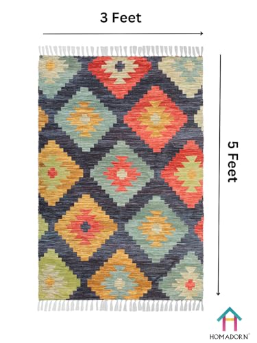 Image of HOMADORN Handmade Upcycled Sustainable Printed Rug, Dhurrie, Carpet for Living Room, Bedroom, Outdoor Decor