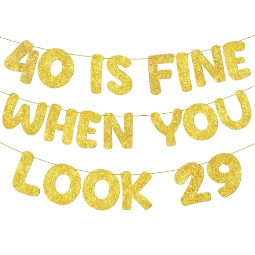 Image of Fulmoon Pre Strung 40 Is Fine When You Look 29 Banner Glitter Happy 40th Birthday Banner Funny 40th Birthday Sign 1985 Party Decorations for Men Women(Gold)