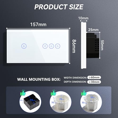 BSEED Smart Lichtschalter und Wlan Dimmer Schalter 1 Fach 1 Weg Wifi Smart Led Lichtschalter arbeitet mit Alexa,Touch Wandschalter Glas Touchscreen Weiß(Neutralleiter Erforderlich)