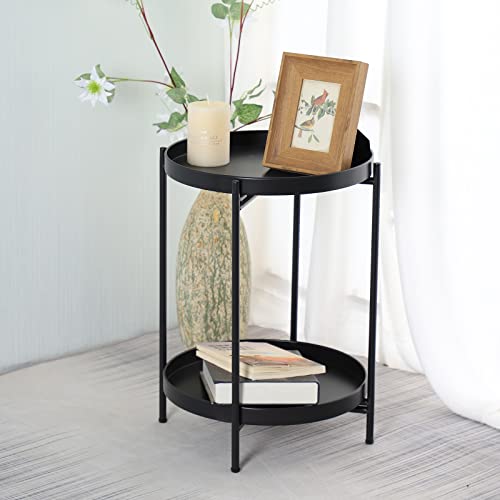 Guudoo Black Side Table,2 Tier Folding Round End Table Metal Waterproof Snack Beside Table Accent Coffee Table For Living Room Bedroom And Balcony #TOP6