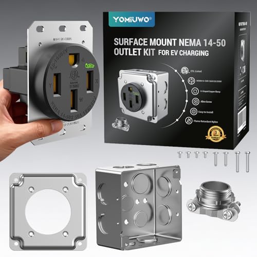 Yomiuwo Nema 14-50 EV Outlet (Surface Mount Kit) 50 Amp EV Charging Receptacle Heavy Duty 2.42 Diameter U-Shaped Brass Clamp -Industrial Grade 3-Pole 4-Wire Grounding 50A 125/250V ETL Listed