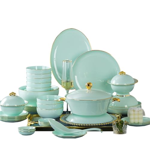DYHWAC Juego de vajilla Celadon, combinación de Cuenco, Plato y Plato con Borde Dorado Pintado a Mano de Porcelana de Hueso for el hogar