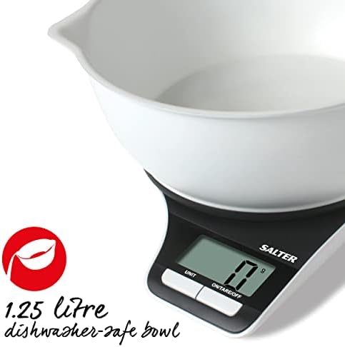 Salter 1089 BKWHDR Measuring Jug Electronic Kitchen Scale, Food/Baking Scale, Dishwasher Safe 1.25L Bowl, Easy Pour, Add & Weigh, Measures Liquids/Fluids, 5 Kg Capacity, Metric/Imperial, White/Black