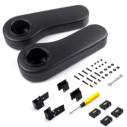NOKINS Golf Cart Armrest with Cup Holder, Add Conjoined Support, Sturdy Without Tilting, No Drilling, for Club Car EzGo Yamaha Rear Seat Kit (Flip (Black))