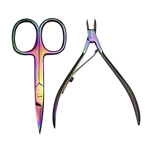 HIGH'S 2 Pcs Nail Scissors Kit Rainbow Colorful Stainless Steel Professional Mini Manicure Kit Cuticle Nipper and Nail Scissors Set Dead Skin Remover Tool