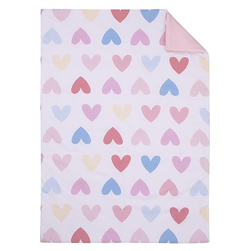 Image of Everything Kids Hearts Pink, Blue and White Little Girl Big Heart 4 Piece Toddler Bed Set - Comforter, Fitted Bottom Sheet, Flat Top Sheet, and Reversible Pillowcase