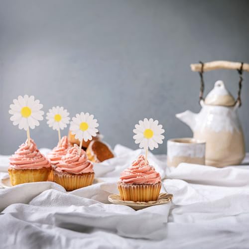 Ephlyn EPH-2022-145-W 24Pcs Daisy Cupcake Toppers Flower Cake Topper Decorations Daisy Cake Decorations Chrysanthemum Cupcake Toppers Spring Daisy Flower Cake Picks thumb #3