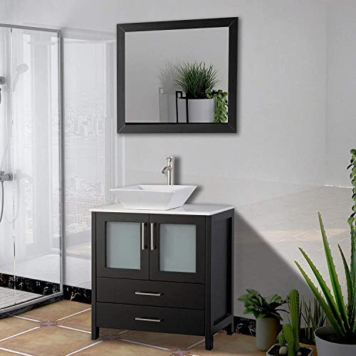 Vanity Art 30 Inch Single Sink Bathroom Vanity Set 1 Shelf 2 Dove-Tailed Drawers Quartz Top And Ceramic Vessel Sink Bathroom Cabinet With Free Mirror Va3130-E #TOP3