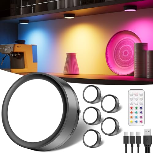 USB Rechargeable RGB Puck Lights with Remote, Black Color Changing Battery Powered Tap Light Classroom Magnetic Push light Stick On Closet lamp Wireless LED Shelf Lighting Under Cabinet Touch Lights