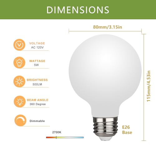 Image of G25 LED Globe Light Bulbs Glass, E26 Base, Warm White 2700K, 6 Pack