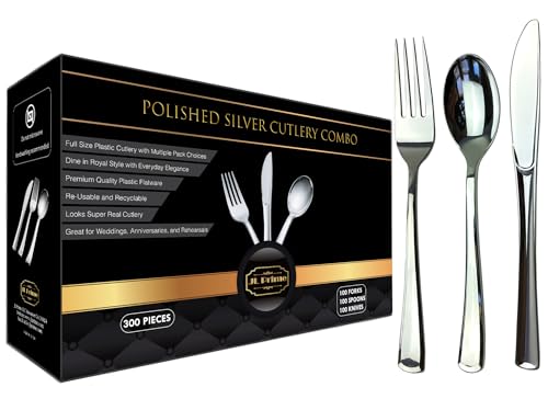 300 Piece Silver Plastic Silverware Set - Reusable & Recyclable - Silver Plastic Utensils for Weddings, Anniversaries, Showers, Parties - 100 Forks, 100 Spoons, 100 Knives - Cutlery by JL Prime