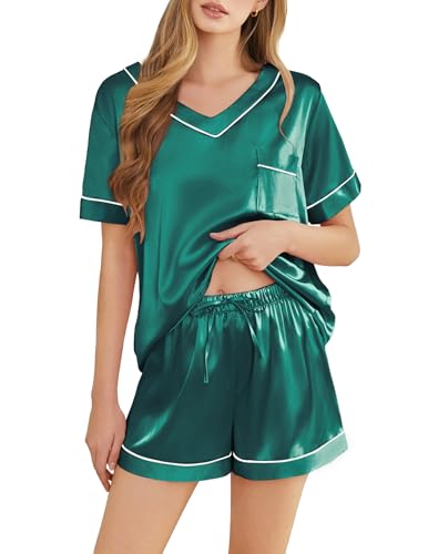 Image of Silk Pajamas for Women Short Sleeve Satin 2 Piece Pj Set Soft V Neck Sleepwear Loungewear, S-XXL