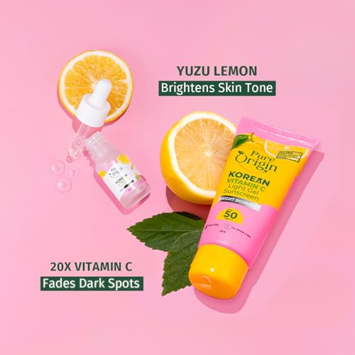 Image of Pure Origin Korean Vitamin C Bright Boosting Serum & Light Gel Sunscreen SPF 50 PA++++ Combo | Light Gel with No White Cast | Face serum for Brighter, Glowing and soft skin | For women and men | For all skin type | 60g