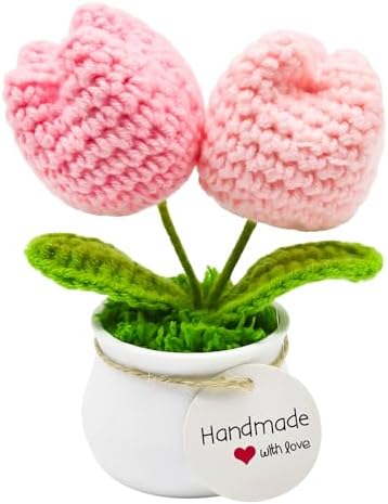 Crochet Flowers Artifical Tulip Desk Decor Gifts for Women Handma...