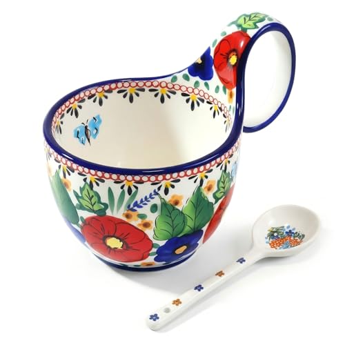 Ziyerya Ceramic Soup Bowls with Handles 17.6oz Large Loop Handle Soup Mugs