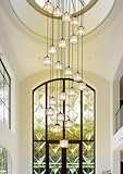 Meimond Long Chandeliers for High Ceilings,Modern Crystal Pendant Light,Raindrop Drop Lamp,Hanging Flush Mount Lighting Fixtures for Spiral Staircase,Foyer,Entryway,Living Room,Black (21 Lights)