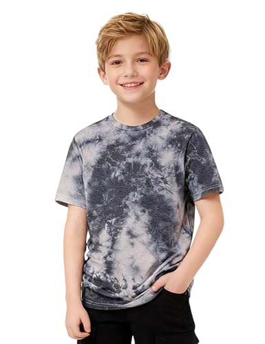 NUMYEAN Boys Tie Dye Shirt Cotton Short Sleeve Tshirts for Boys Summer Tops Kids Clothes Gray 11-12 Y