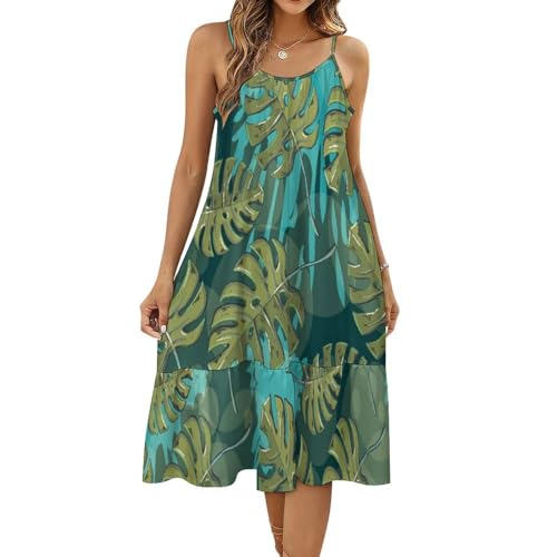 Monstera Palm Leaves Women's Summer Dress Spaghetti Strap Sundress Casual Midi Dresses Beach Swing Tank Dress L