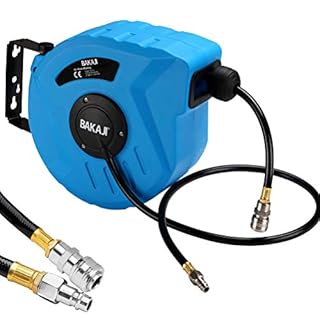 Bakaji Avvolgitubo Aria Compressa con Tubo 10 mt Attacco 1/4" Fissaggio a Parete Muro Sistema blocco automatico, Salvaspazio Accessorio Compressore Aria compressa Pressione Max 12 Bar