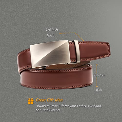 Hihawk Men's Ratchet Belt With Slide Buckle, Genuine Leather Adjustable Click Belt With Gift Box, Trim To Fit, Essential Brushed Metal - Dark Brown #TOP3