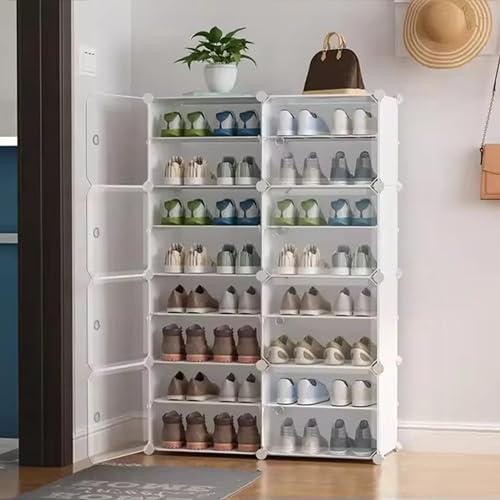 Image of AYSIS ๐๐ ๐๐ก๐๐ฅ๐ Plastic Shoe Rack for Home with 8 Transparent Magnetic Doors, 5 Hook Holder & Wooden Hammer, Shoes Stand Cabinet for Home Storage Organizer, Space Saving Footwear Stand - White