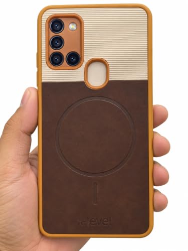 Image of Bintage Mac Safe Design Hard Slim Back Case | Soft Border Camera Protect | Dual PU Leather Finish Back Cover Compatible for Samsung Galaxy A21s 4G - White & Cherry Brown