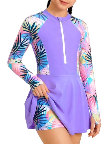 Image of HOZIY Girls Long Sleeve Swimsuit Two Piece Rash Guard Dress with Swim Shorts Front Zip for Kids Tween Teens UPF 50+