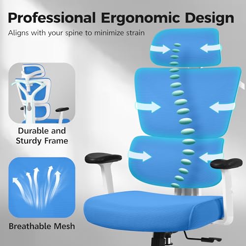 Image of Ergonomic Office Chair High Back Desk Chair with Lumbar Support, Breathable Mesh Computer Chair with Adjustable Armrests Height, Reclining Swivel Big and Tall Gaming Chair for Home Office(Sky Blue)