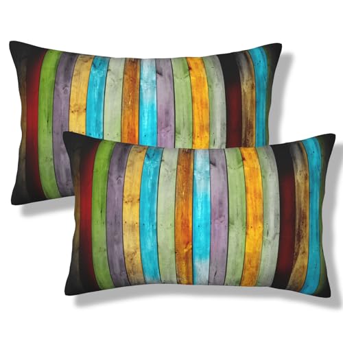 ZYLITHO Vertical Stripes Wood Lumbar Throw Pillow Covers Colorful Wooden Pillow Cases 12x20 Inch Set of 2 Vintage Plank Pillowcase Decorative Cushion Cover for Home Bedroom Couch Sofa