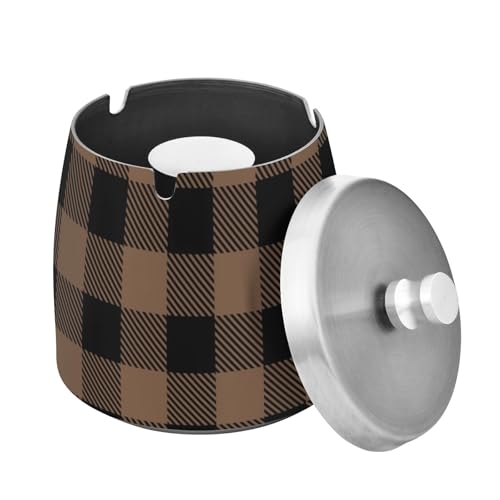 Cenicero de acero inoxidable a cuadros marrón café con tapa para cigarrillos al aire libre, bonito cenicero antideslizante pesado para fumadores de cigarrillos