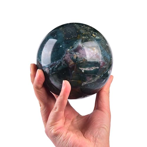 JIC Gem Large Ocean Jasper Crystal Sphere Ball with Wooden Stand Healing Decorative Ball Reiki Healing Gift 100-110mm