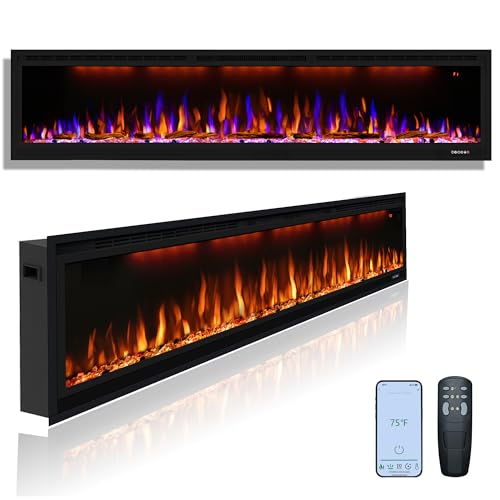 Dreamflame Electric Fireplace 74 inch, Recessed Wall Mounted Fireplace Heater, Slim Frame w/Multicolor Flame Combinations, Logs & Crystals, Smart &Remote Control, 1500W, Black
