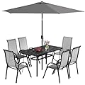 Outsunny 8 Pieces Patio Table and Chairs Set with 9 Ft Patio Umbrella, Outdoor Dining Set with 4.6 Ft Dining Table and 6 Chairs, Push Button Tilt and Crank Parasol, Tempered Glass Top, Mixed Gray