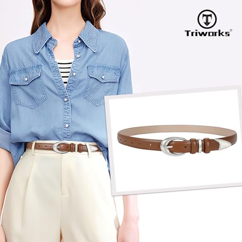 Image of TRIWORKS Women Leather Belt for Jeans Pants Fashion Ladies Skinny Faux Leather Dress belt with Gold Buckle