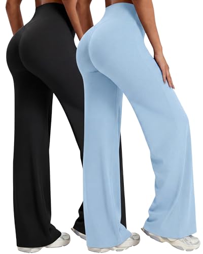 Image of Coume 2 Pack Women Workout Leggings Straight Wide Leg No Front Seam Yoga Gym Pants High Waist Buttery Soft Stretch Leggings