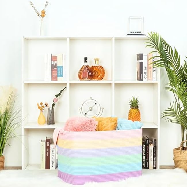MINTWOOD Design 112L Extra Large Blanket Basket Holder Living Room, 25x17x16 Rectangle Rope Woven Storage Basket with Handles for Laundry, Towels, Shoes, Dog Toy Organizer Bin Box, Pastel Rainbow