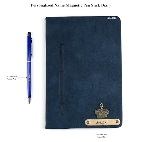 Image of AICA Personalized Name & Charm Magnetic Stick Leather (Navy Blue) Diary A5 Size 180 Pages & Roller Pen | Customized Corporate Gift for Men Women | Diwali Gifts for Family and Friends | Diwali Gift